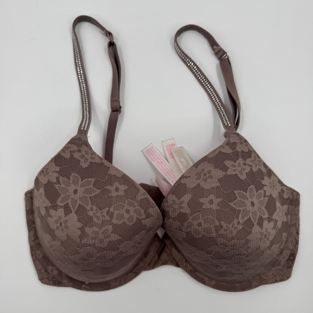 Victoria Secret PINK Everywhere Push Up Bra Taupe Floral Lace Rhinestone 32D